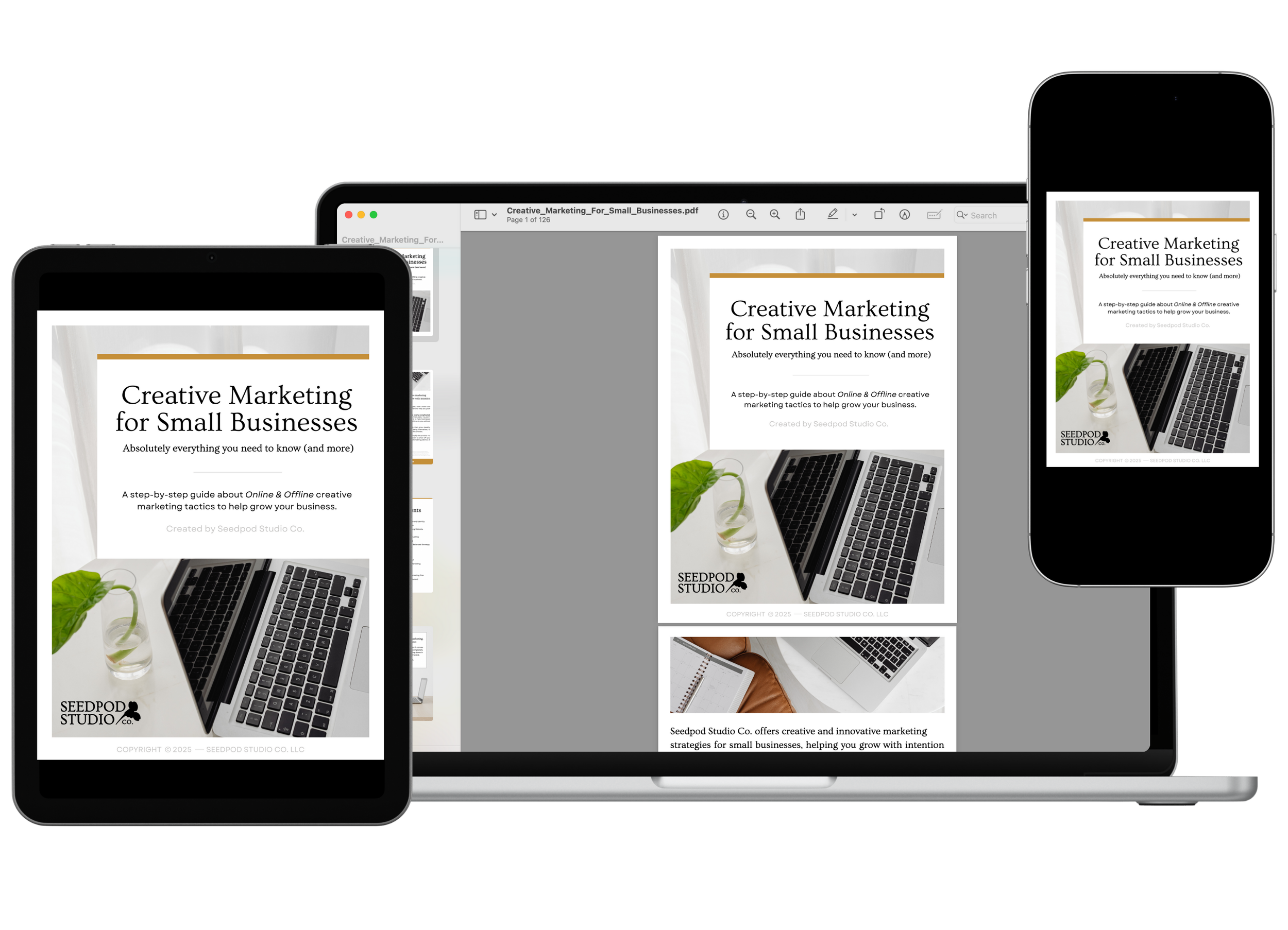 Multiple mockups of the "Creative Marketing for Small Business" PDF guide on a macbook laptop, ipad, and cellphone.