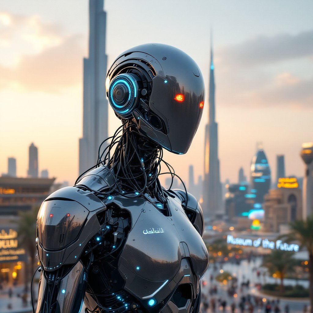 A robot stands in front of a modern city skyline, showcasing a blend of technology and urban architecture.