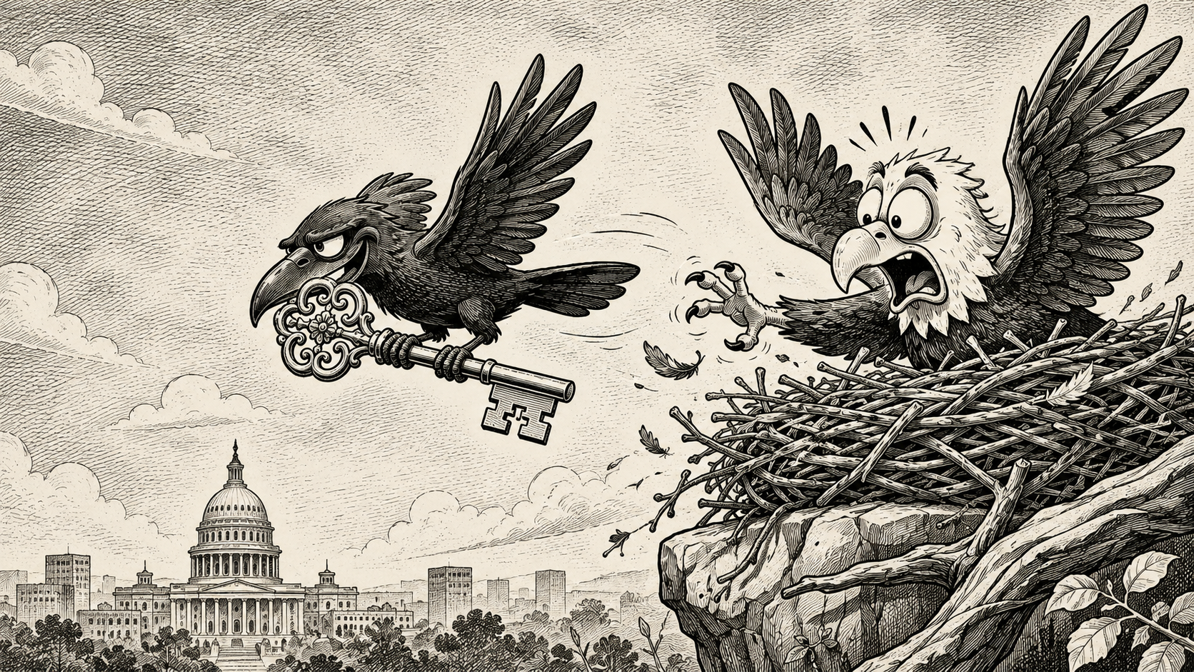 Black-and-white newspaper-style illustration of a crow stealing an ornate key from a startled bald eagle’s nest, symbolizing exposed credentials and lost access control.