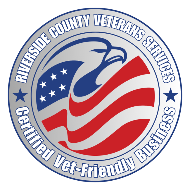 Circular badge with an eagle's head, American flag design, and text around the border that reads "Riverside County Veterans Services Certified Vet-Friendly Business."