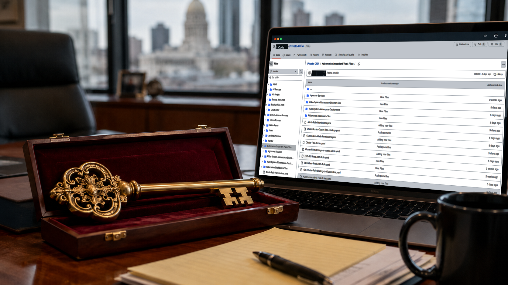 An ornate gold key sits on a desk next to a laptop displaying a public code repository, representing the risk of credentials and access keys being left exposed online.