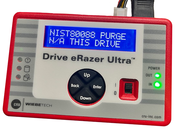 A diagnostic tool for a vehicle, displaying a message about a purge issue on its blue screen, with various buttons and indicator lights on a red and gray device.