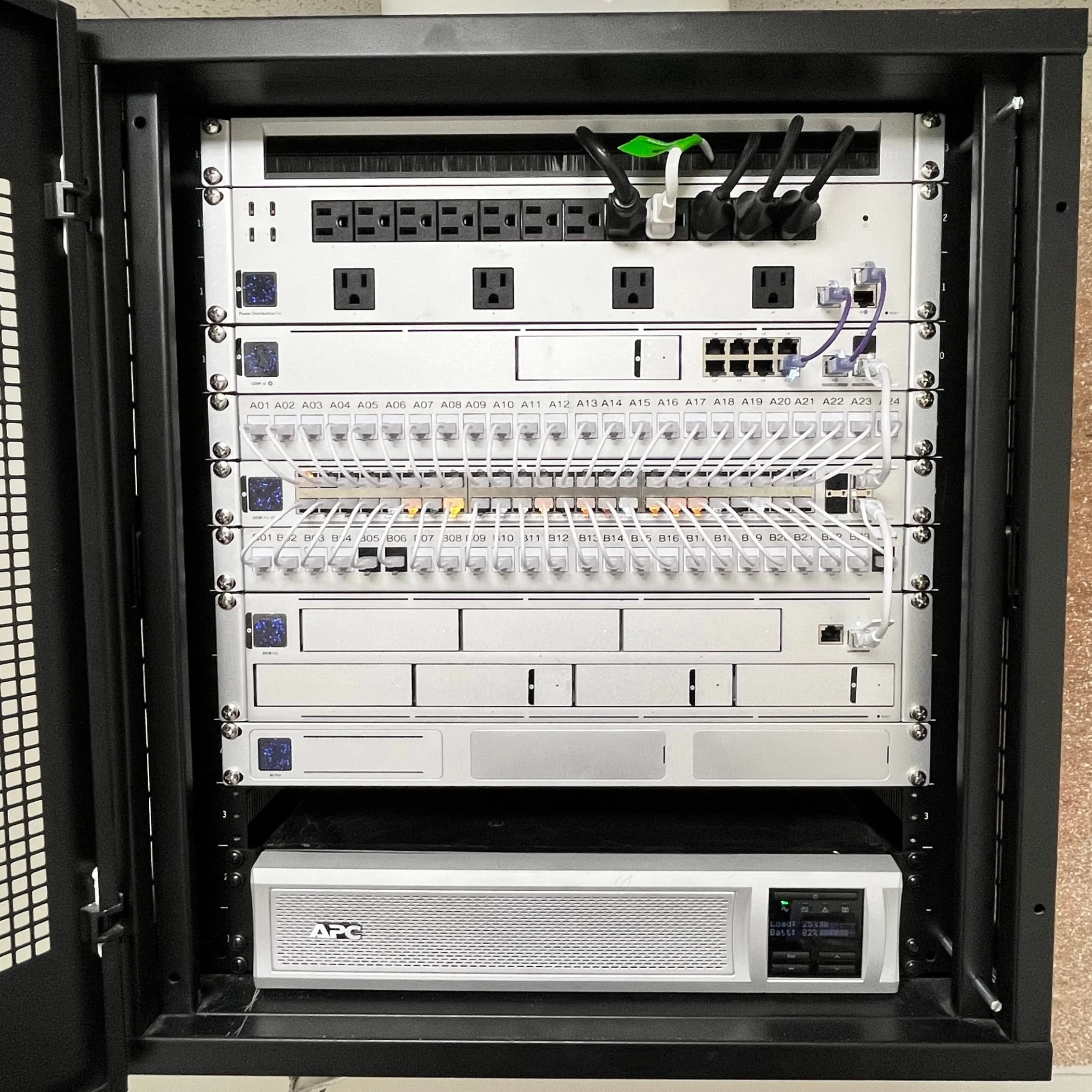 Wall-mounted network rack with labeled patch panels, a PoE switch, security camera recorder, and battery backup in El Monte, CA