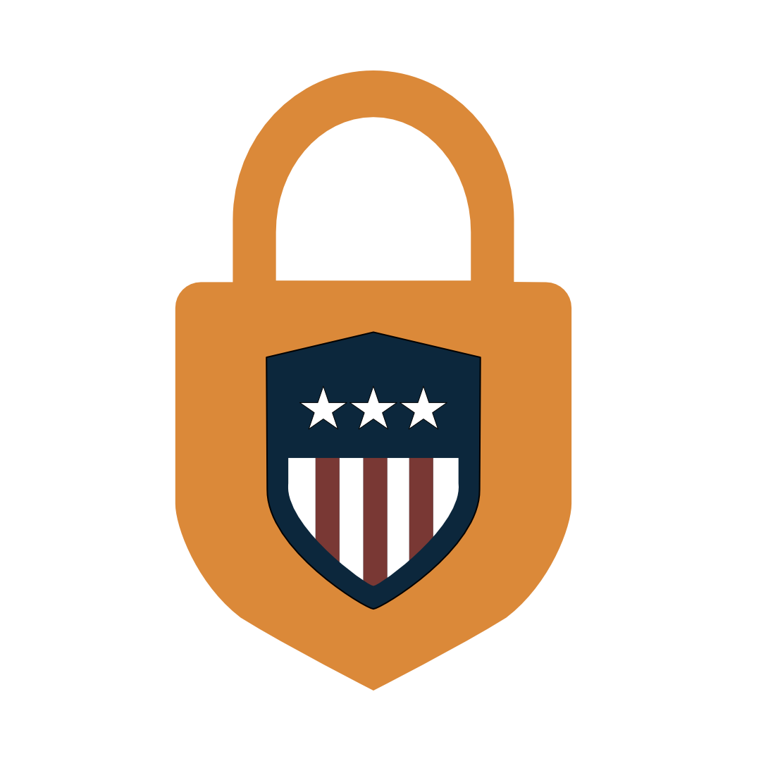 Icon of a padlock with an emblem of a shield featuring three stars and red and white stripes.