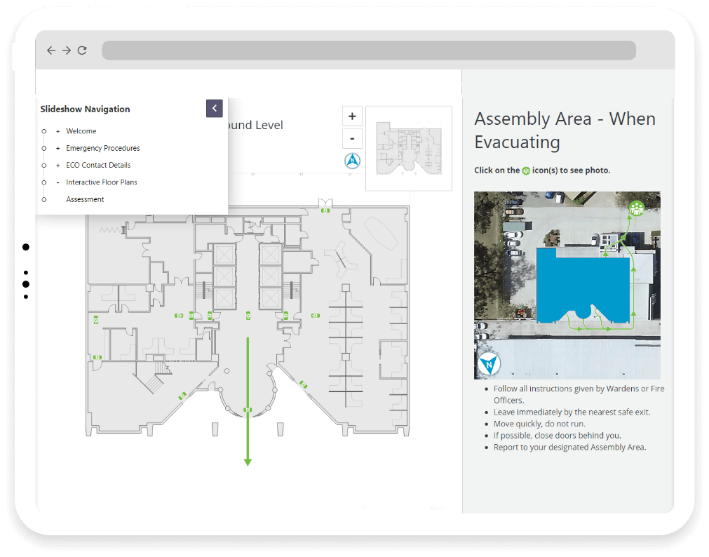 Floor plan and map for an assembly area evacuation route, with a floor plan on the left showing exits and layout, and an aerial map on the right depicting the outdoor evacuation route marked with green arrows.