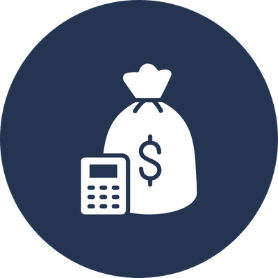 Icon of a money bag with a dollar sign, a calculator, and a pen, all on a dark blue circular background.