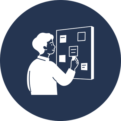 Illustration of a person with short hair and glasses pointing at a bulletin board with various notes or papers on it.