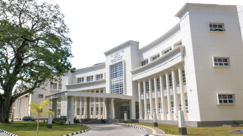 Modern white hospital building with columns, glass entrance, and surrounding greenery.