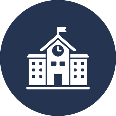 Icon of a school building with a clock and a flag on top.