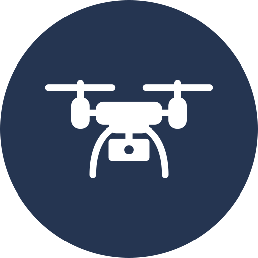 Icon of a drone with four propellers on a dark blue circular background.