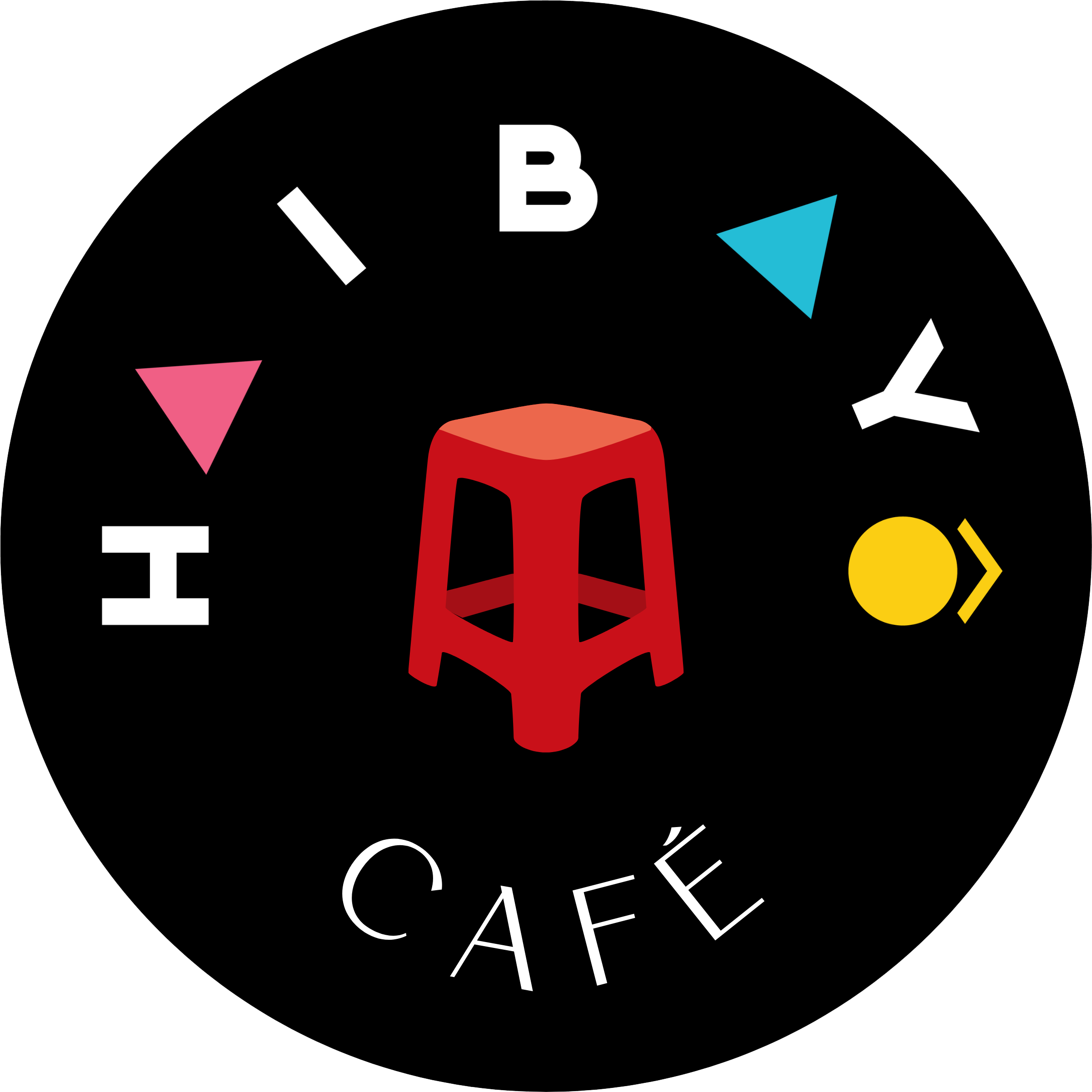 A circular graphic with the words "HAIBAYO CAFE" in various colors and fonts, and geometric shapes in pink, blue, white, red, and yellow on a black background.
