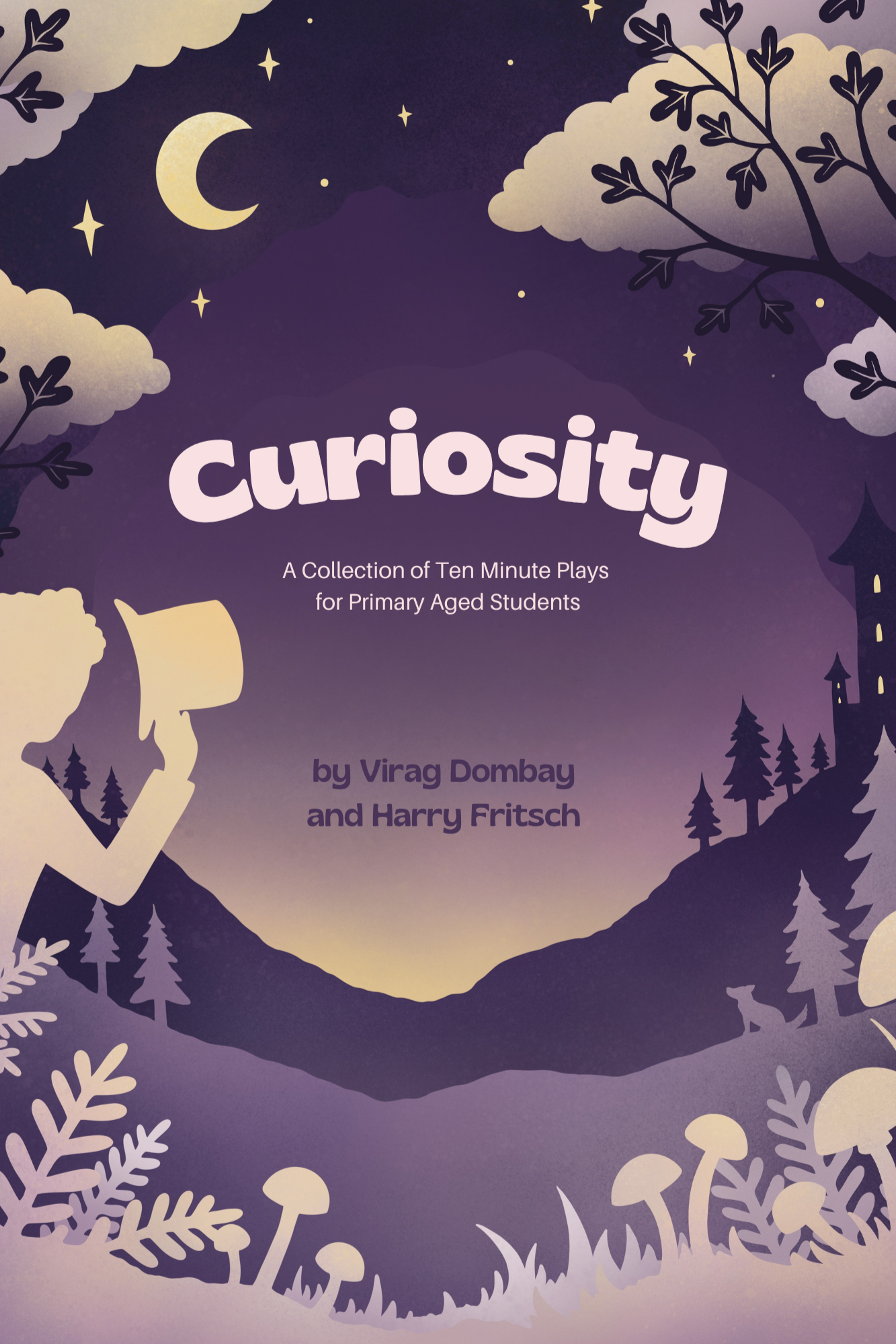 A book cover with a purple night sky, clouds, stars, a moon, trees, and a mountain silhouette. The title is 'Curiosity', a collection of ten-minute plays for primary-aged students, by Virag Dombay and Harry Fritsch from Play on Stage in Brisbane.