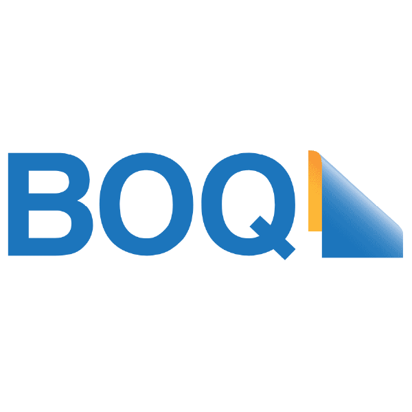 Logo with the letters 'BOQ' in blue, with a stylized sheet or page curling at the corner, featuring a gradient from blue to orange.