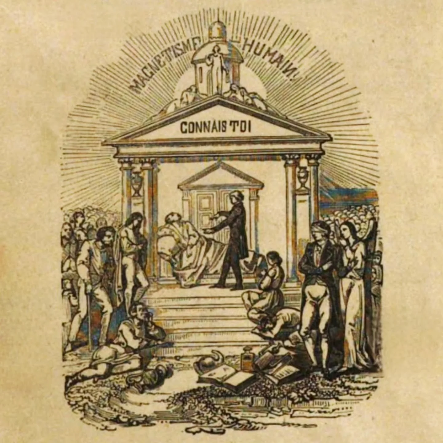 Title page engraving from _Magnetic Therapy: rules for the application of magnetism to pure experimentation and the treatments of patients_ by Baron du Potet de Sennevoy, 1863. 

&quot;Connais Toi&quot; (&quot;Know Thyself&quot;) is one of the famous