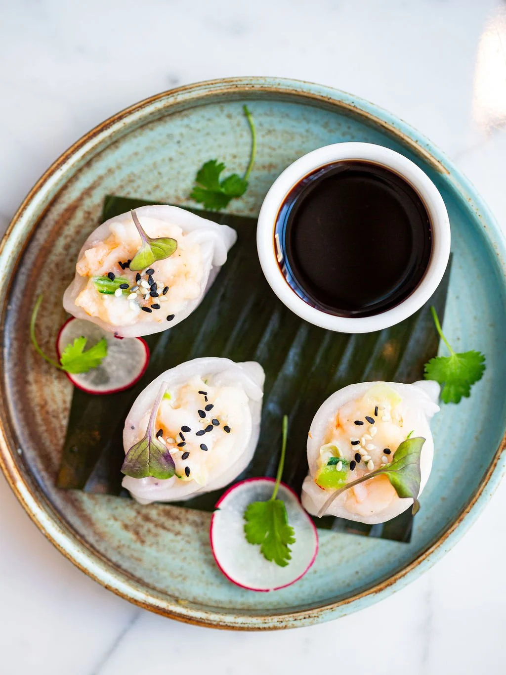 Three steamed dumplings garnished with microgreens, sesame seeds, and sliced radishes placed on a ceramic plate with a small cup of soy sauce.