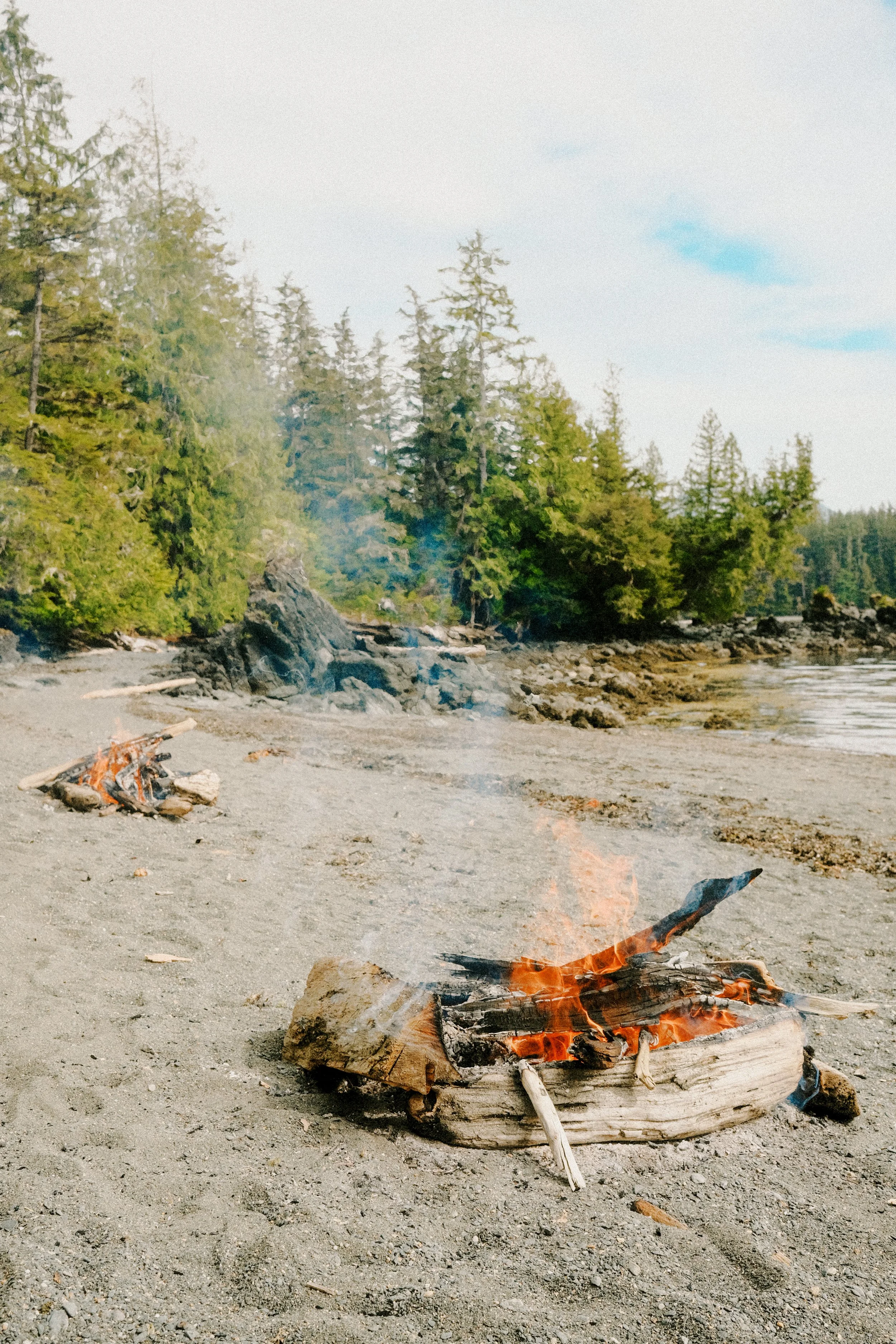 A small campfire built with logs burning on a sandy beach by the water, with trees and rocks in the background and a cloudy sky overhead.