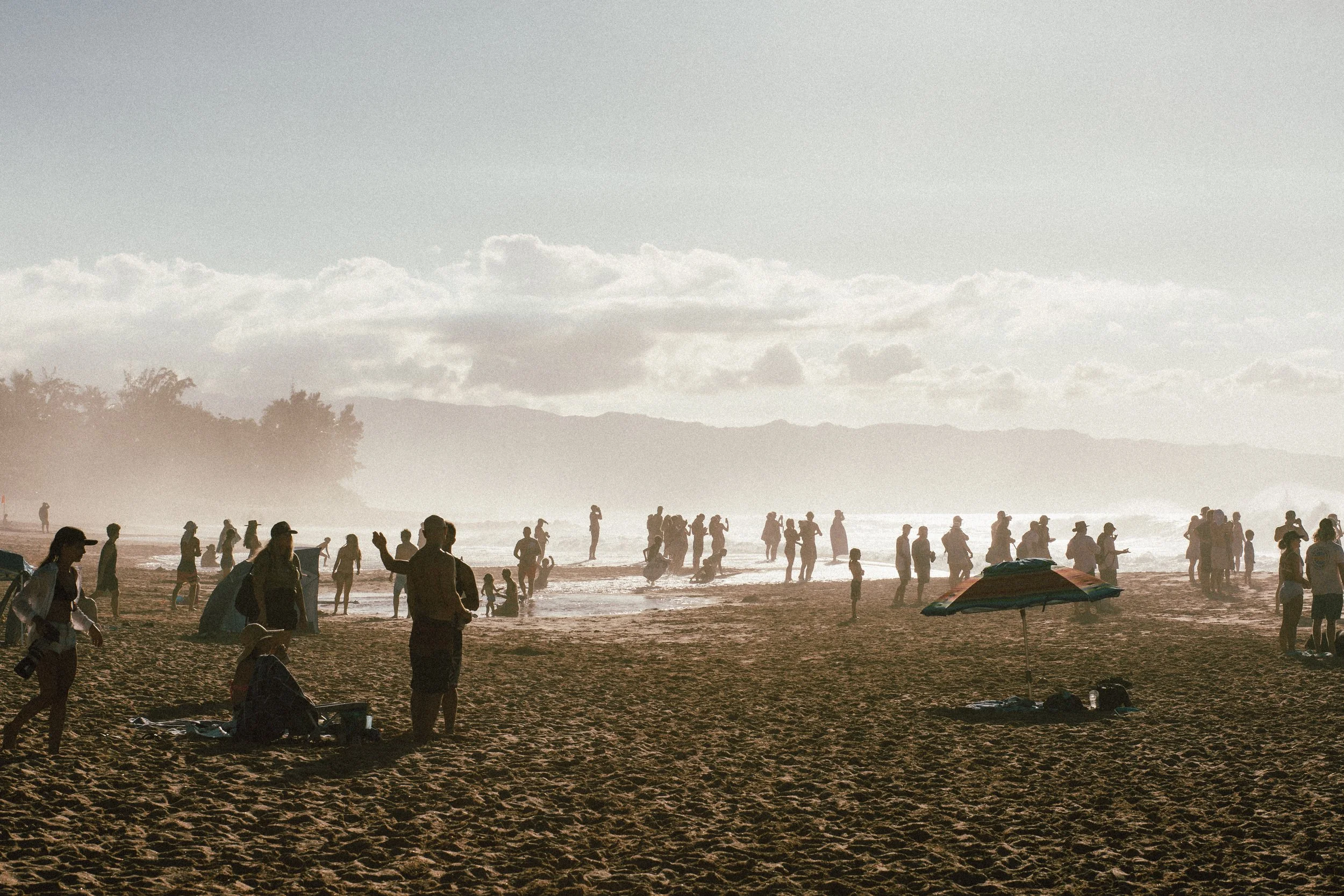 Crowded beach with people walking, sitting, and standing on sandy shore during sunset or sunrise, with ocean and trees in the background.