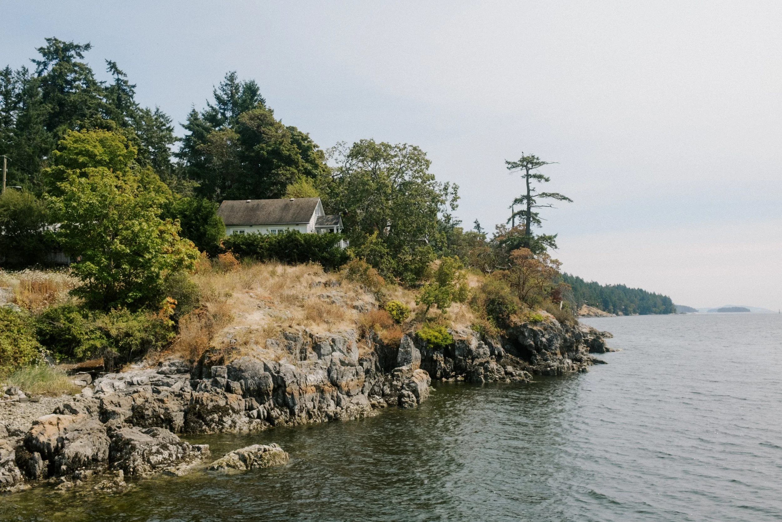 A rocky shoreline with trees and a house on a hill overlooking the water, under a clear sky.