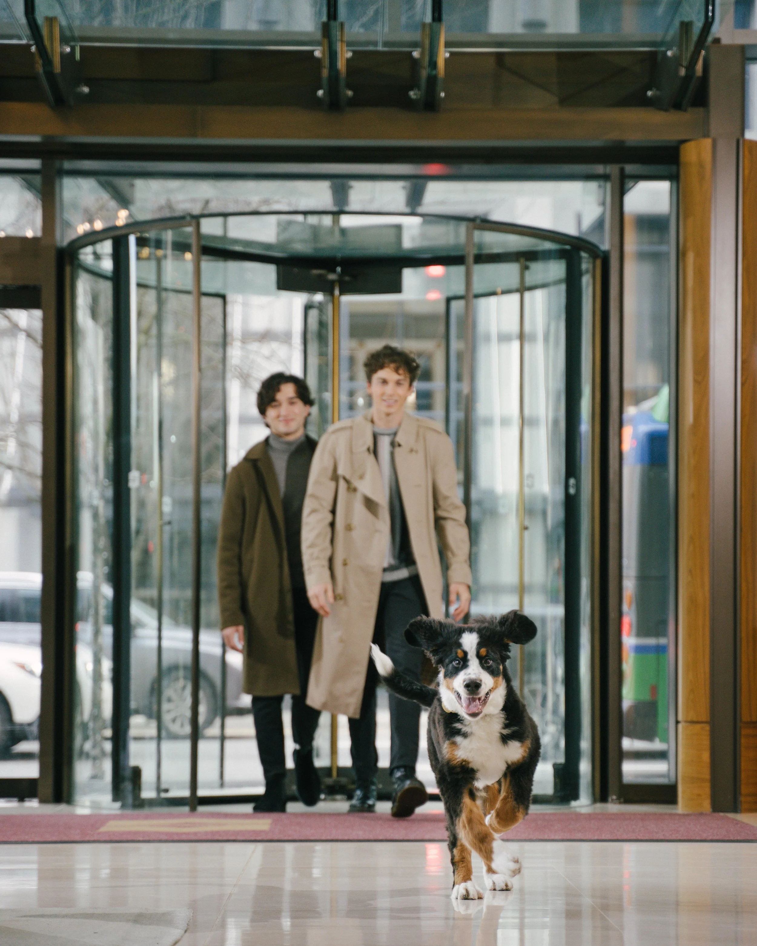 A happy dog running towards the camera with two men walking behind in the lobby of a building.