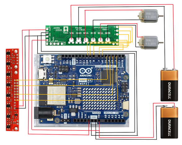 Wiring diagram of all hardware components of line follower