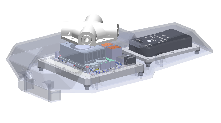 CAD of drone chassis with vibration isolating mounts