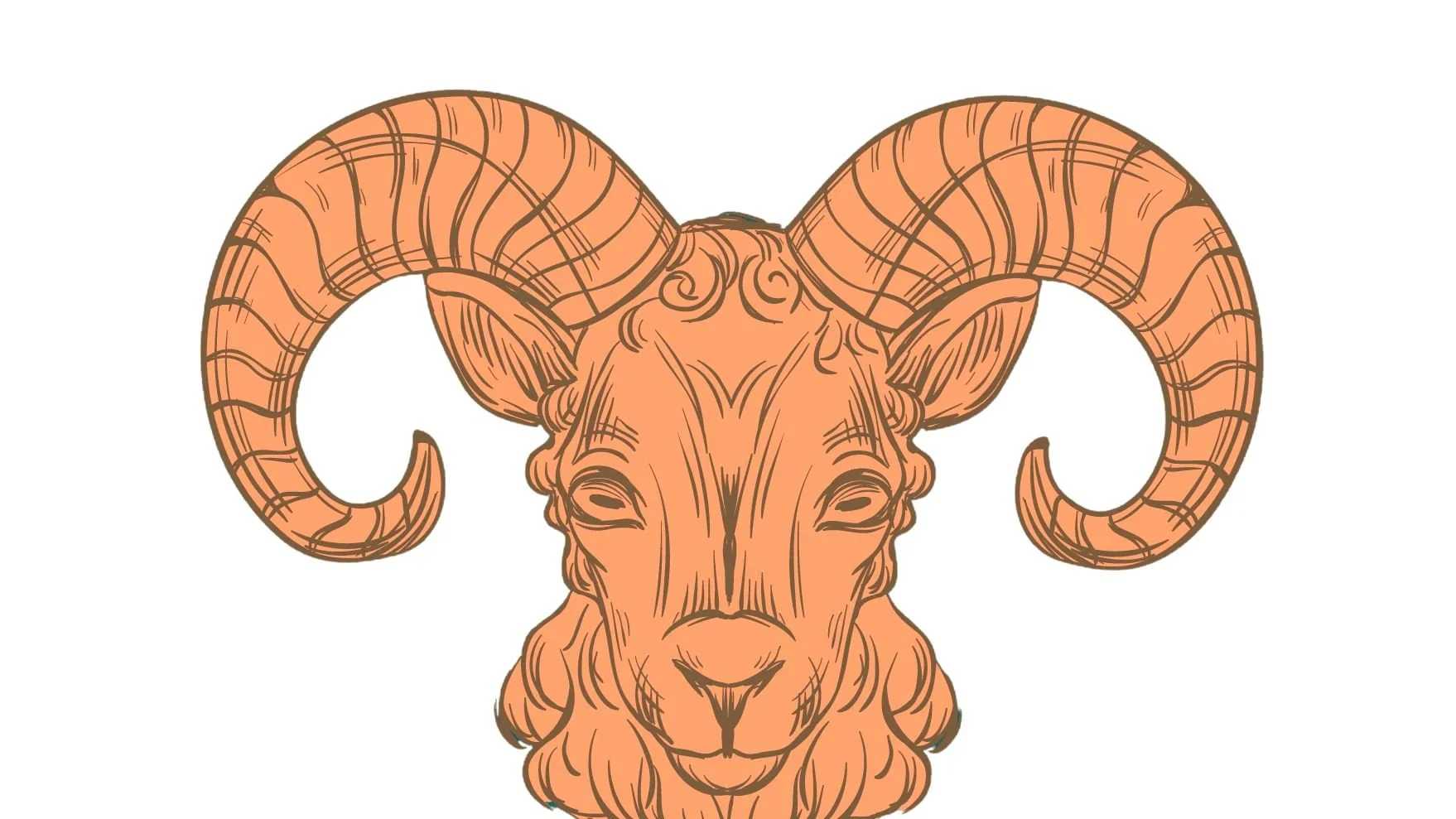 Illustration of a ram's head with large, curved horns, detailed face, and expressive features.