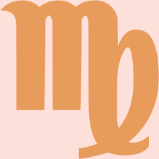 Illustration of the Virgo zodiac sign symbol in brown on a light pink background.