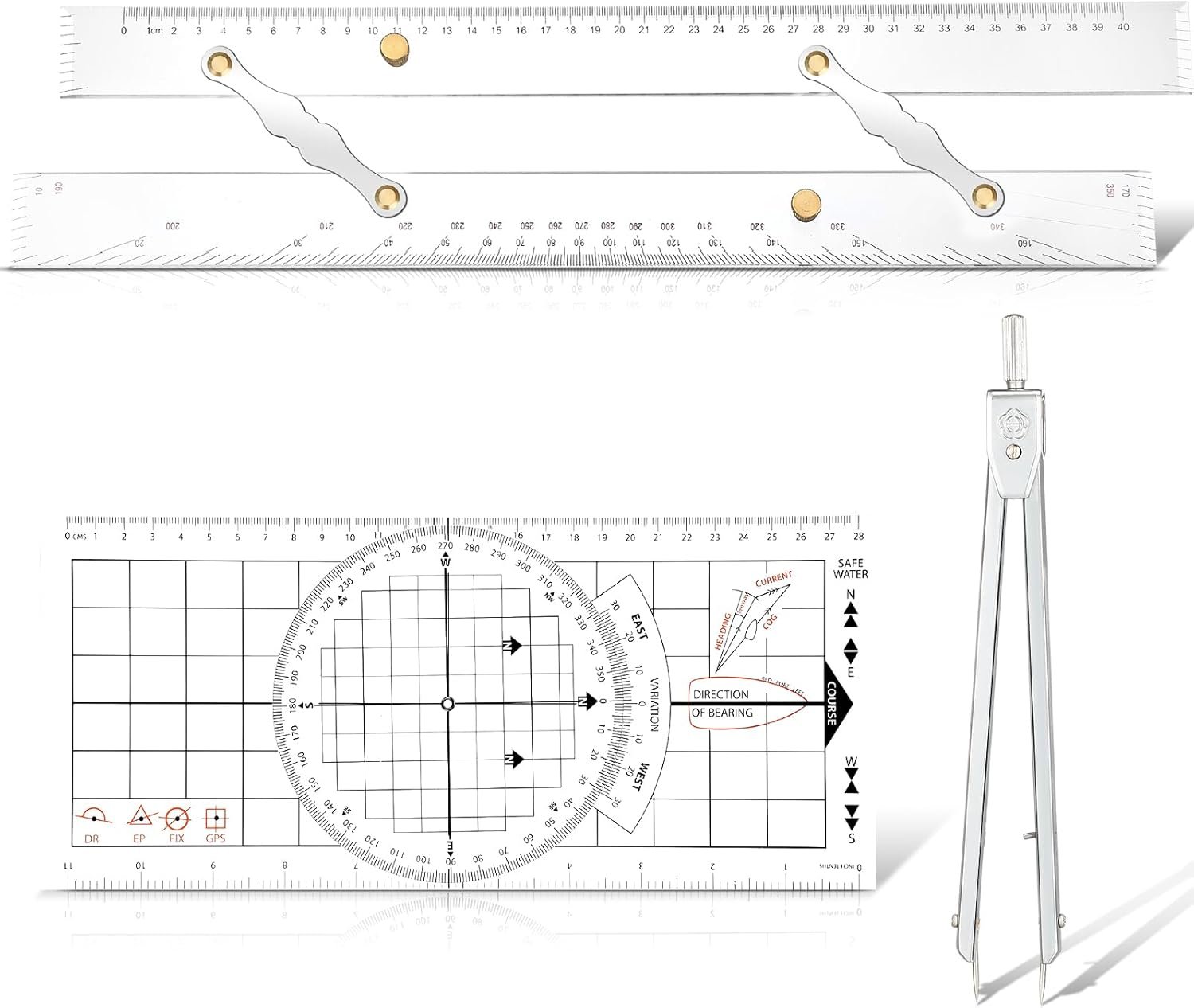 Motipuns 3 Pcs Basic Navigation Set, Include 16 Inch Marine Parallel Ruler with Clear Scales Navigation Divider Marine Nautical Protractor 6 Inch Marine Fixed Points Divider for Boat