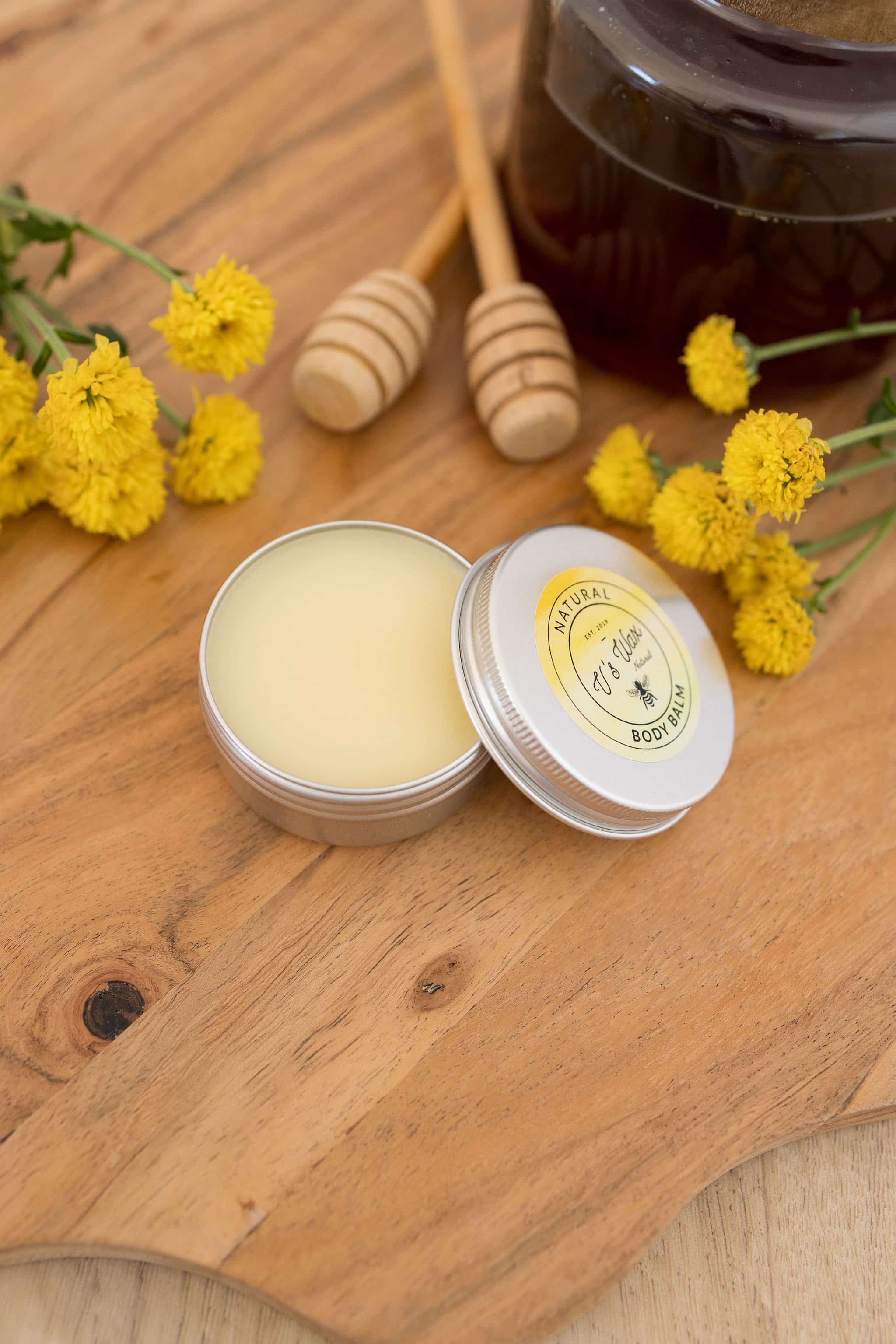 V's Wax Natural Body Balm with organic ingredients like beeswax and shea butter