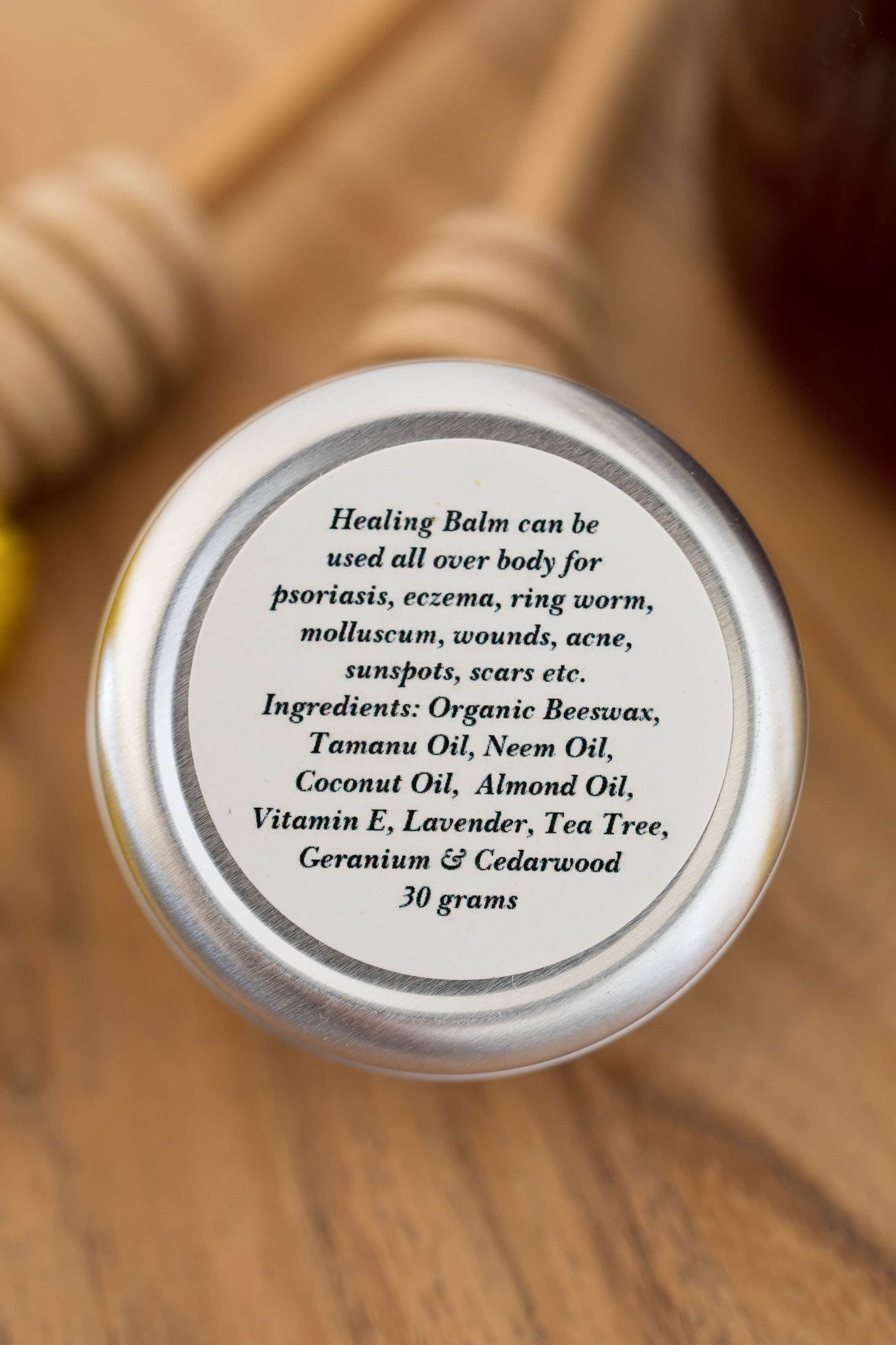 V's Wax Natural Healing Balm jar displaying ingredient details