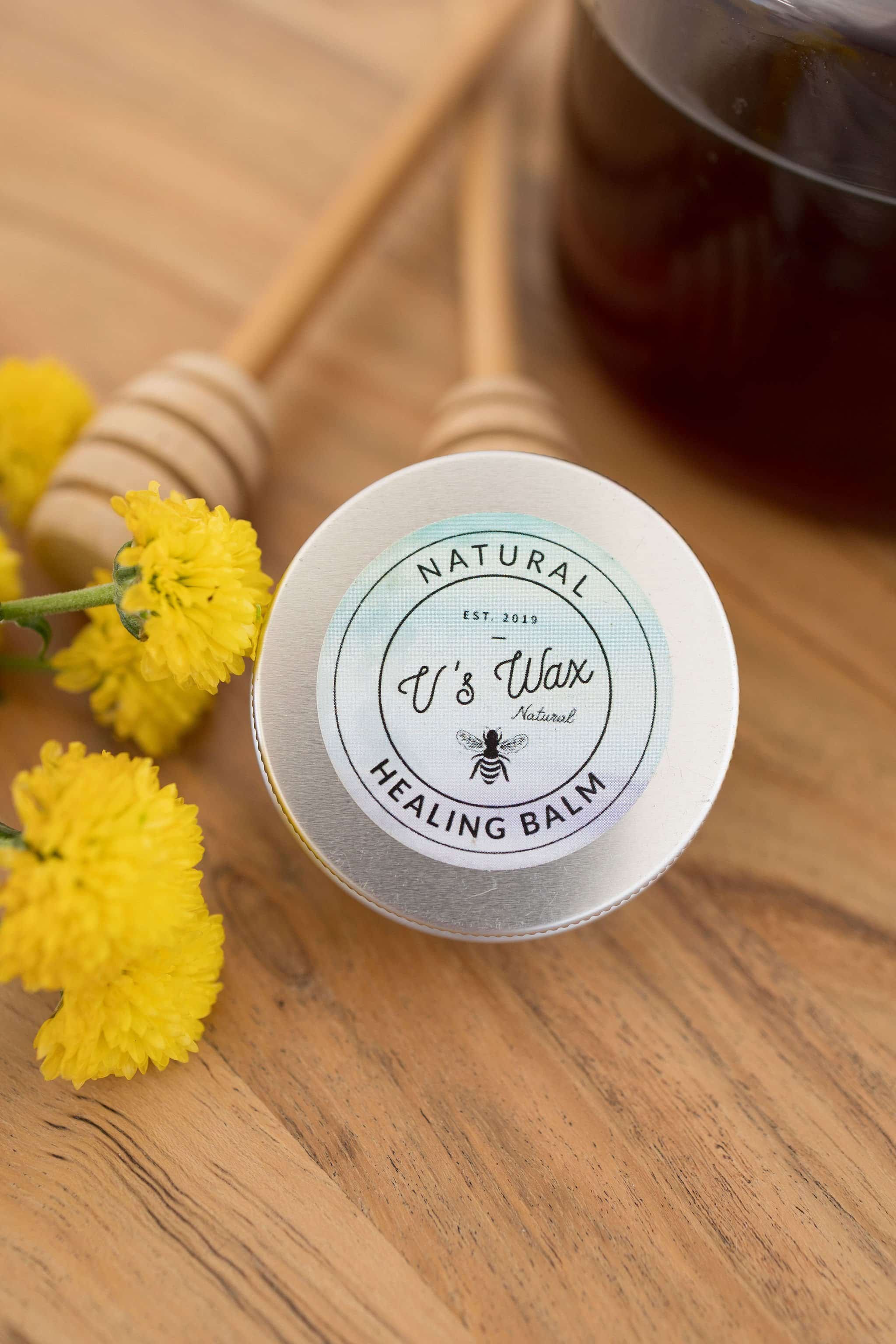 V's Wax Natural Healing Balm jar displayed on a neutral background