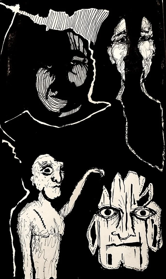 Black and white artistic drawing of multiple faces and figures, including a large face with paint-like streaks, a small figure with a cane, and other abstract faces, creating a surreal and expressive composition.