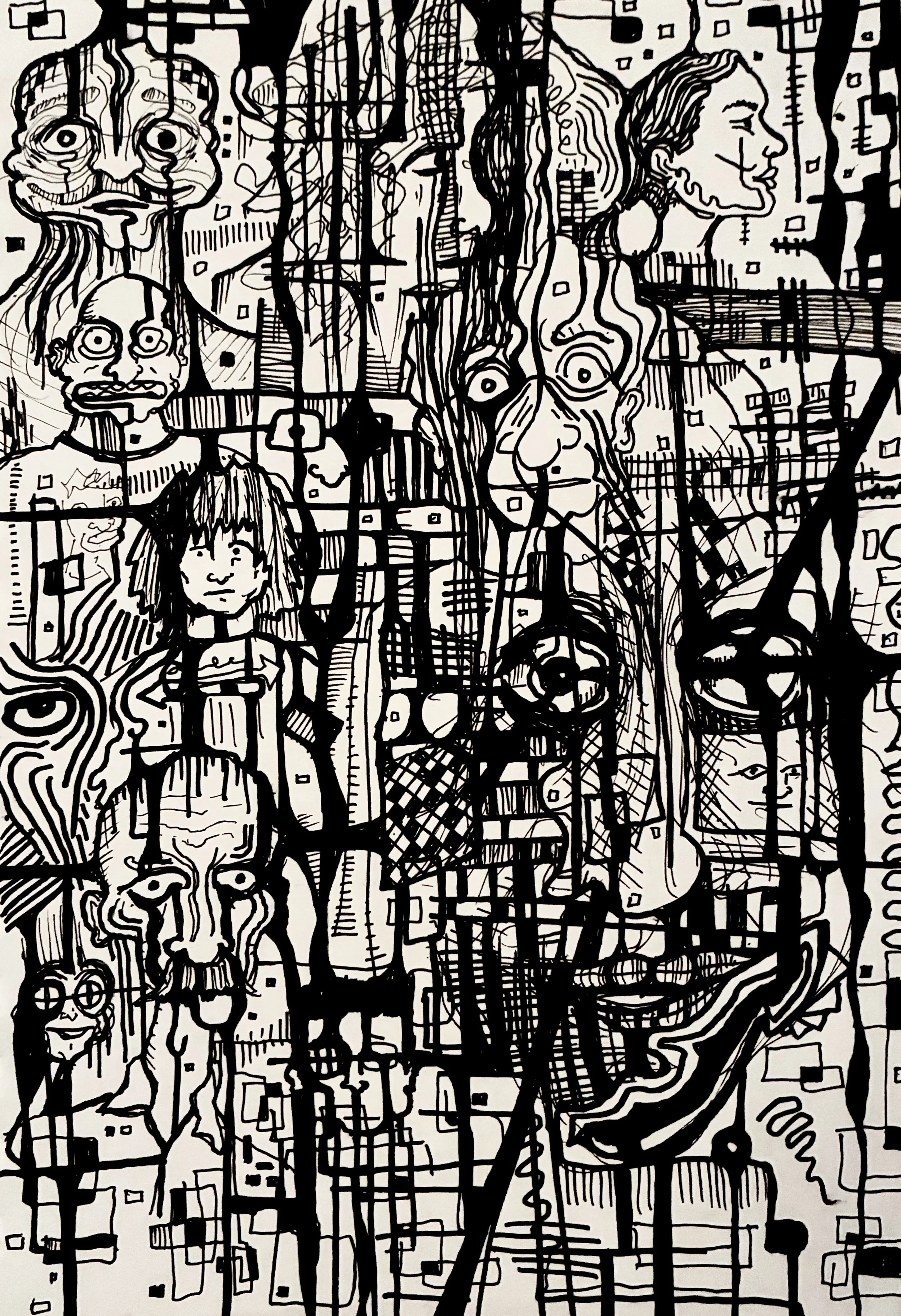 A complex black and white abstract illustration with multiple faces, distorted figures, and geometric patterns intertwined.