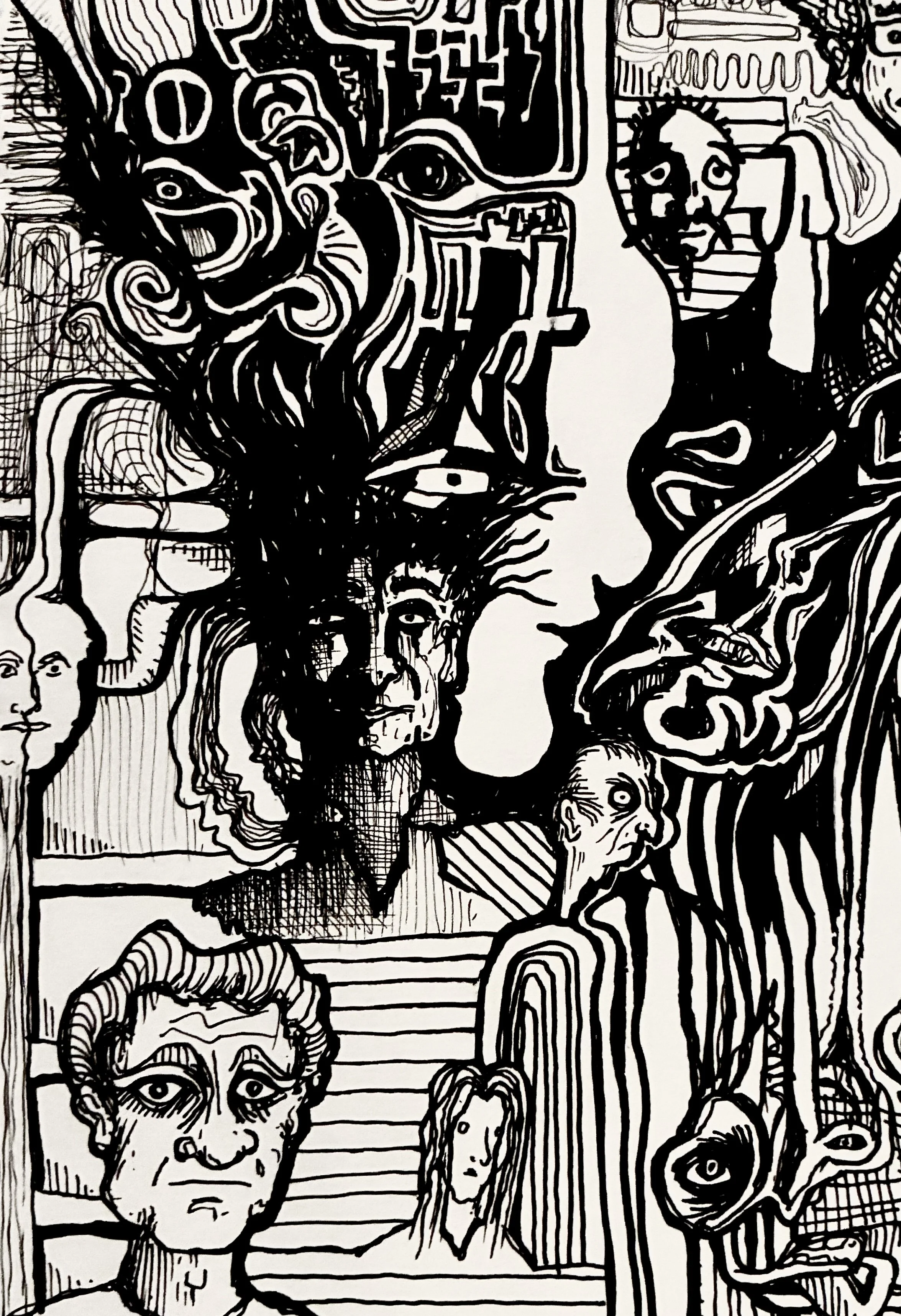 Black and white abstract drawing featuring various faces and distorted figures with intricate line work.