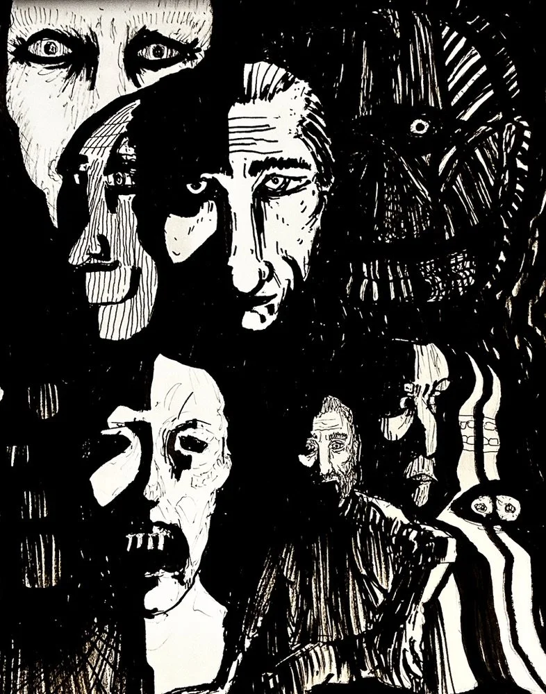 Black and white abstract illustration featuring multiple faces and eyes with distorted, overlapping lines and patterns.