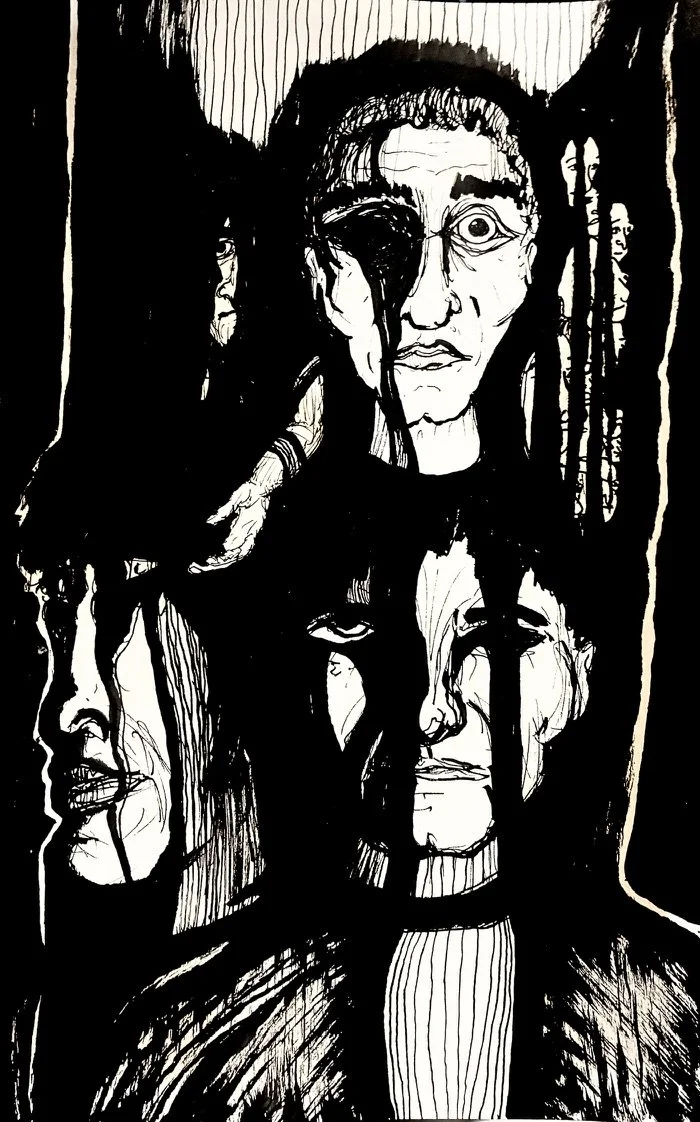 Black and white ink drawing of multiple abstract human faces, varying expressions, some with eyes open, some closed, with dripping and streaking effects for a surreal appearance.