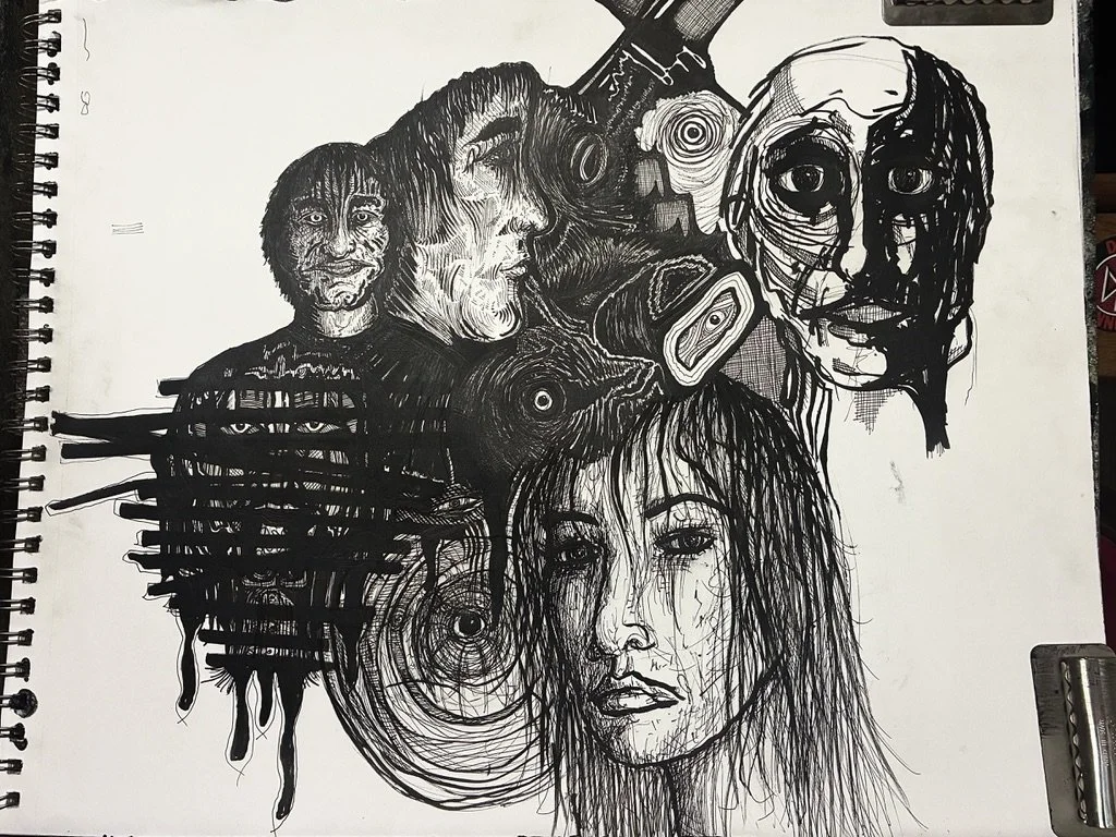 A black and white ink drawing featuring multiple abstract human faces, including a woman's face at the bottom, a man with dreadlocks at the top right, and another face in profile near the center. The artwork has a surreal and expressive style with sw