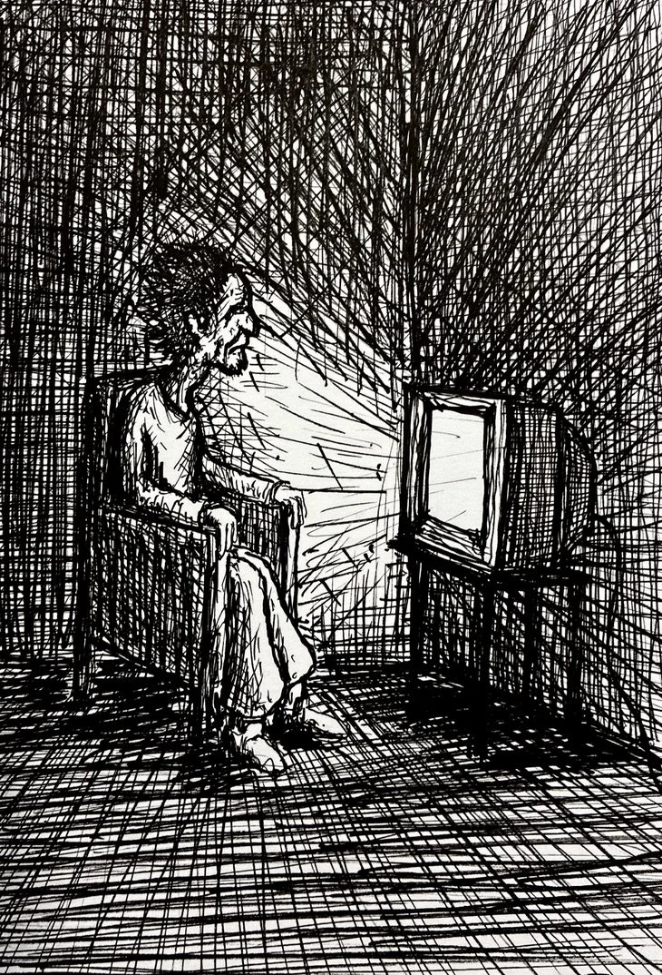 Black and white sketch of a person sitting in a chair, facing a window. The person appears to be lost in thought, with lines radiating from their face, and the room's walls are filled with crosshatch shading.