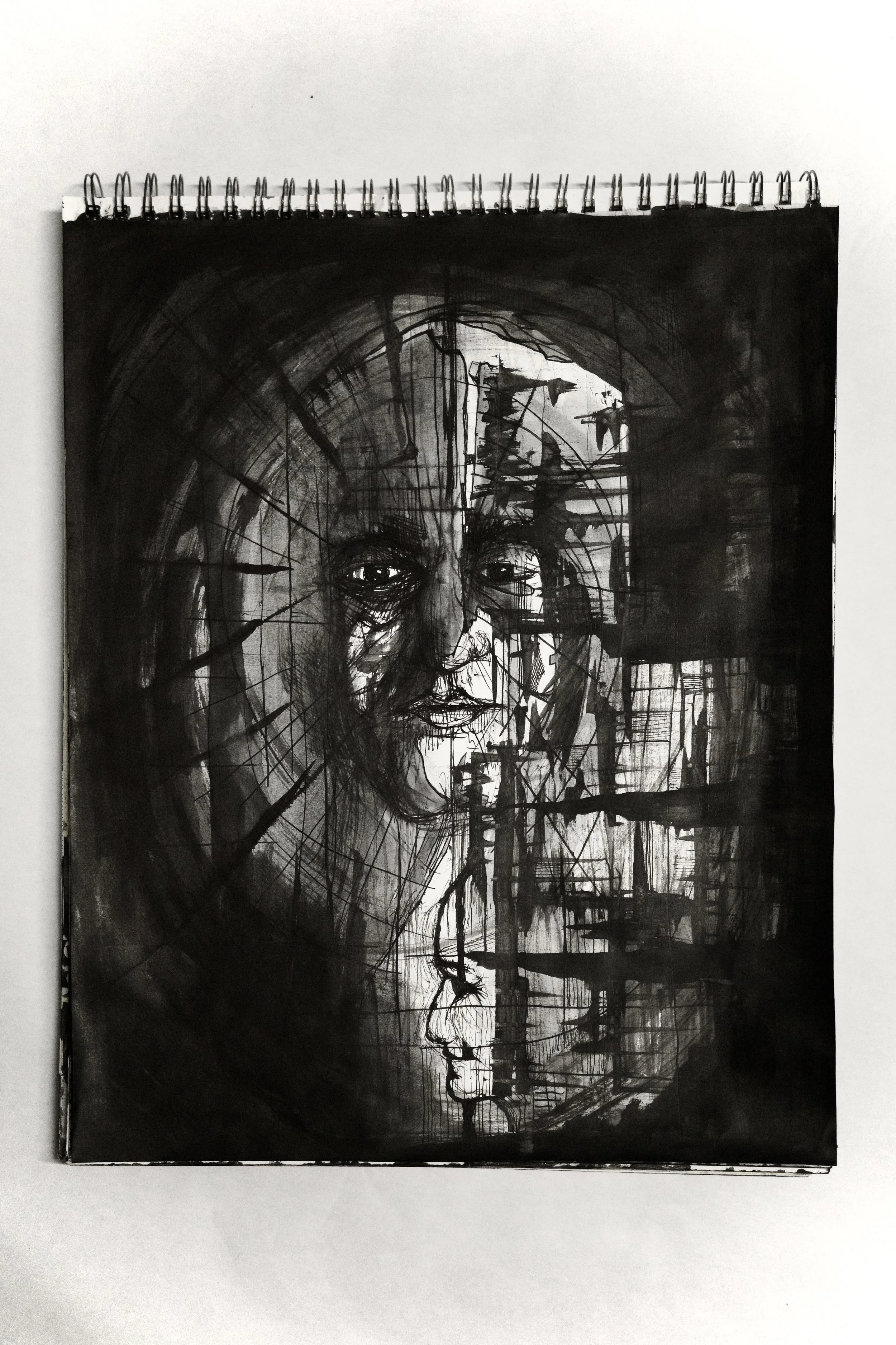 Black and white sketch of a woman's face with cityscape elements reflected in her features.