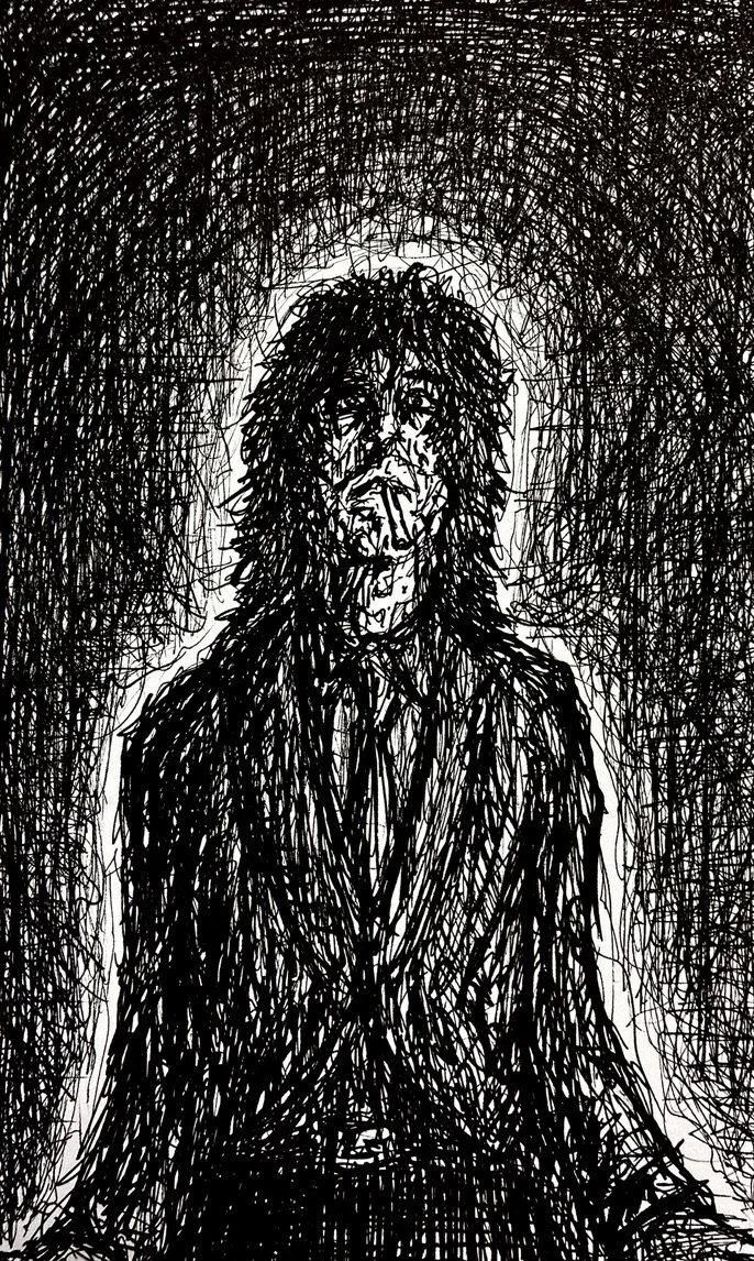 An abstract black and white sketch of a person with long, wild hair, wearing a suit, with a halo-like glow surrounding their head.