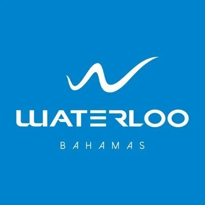 Logo with a stylized wave above the words 'Waterloo Bahamas' on a blue background.