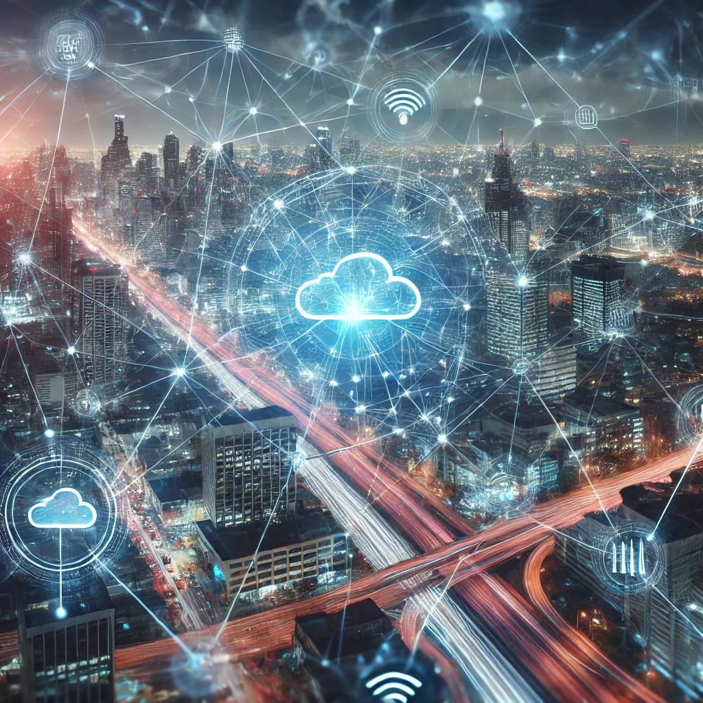 Night city skyline with digital cloud computing and network icons overlaid, representing connectivity and data exchange.