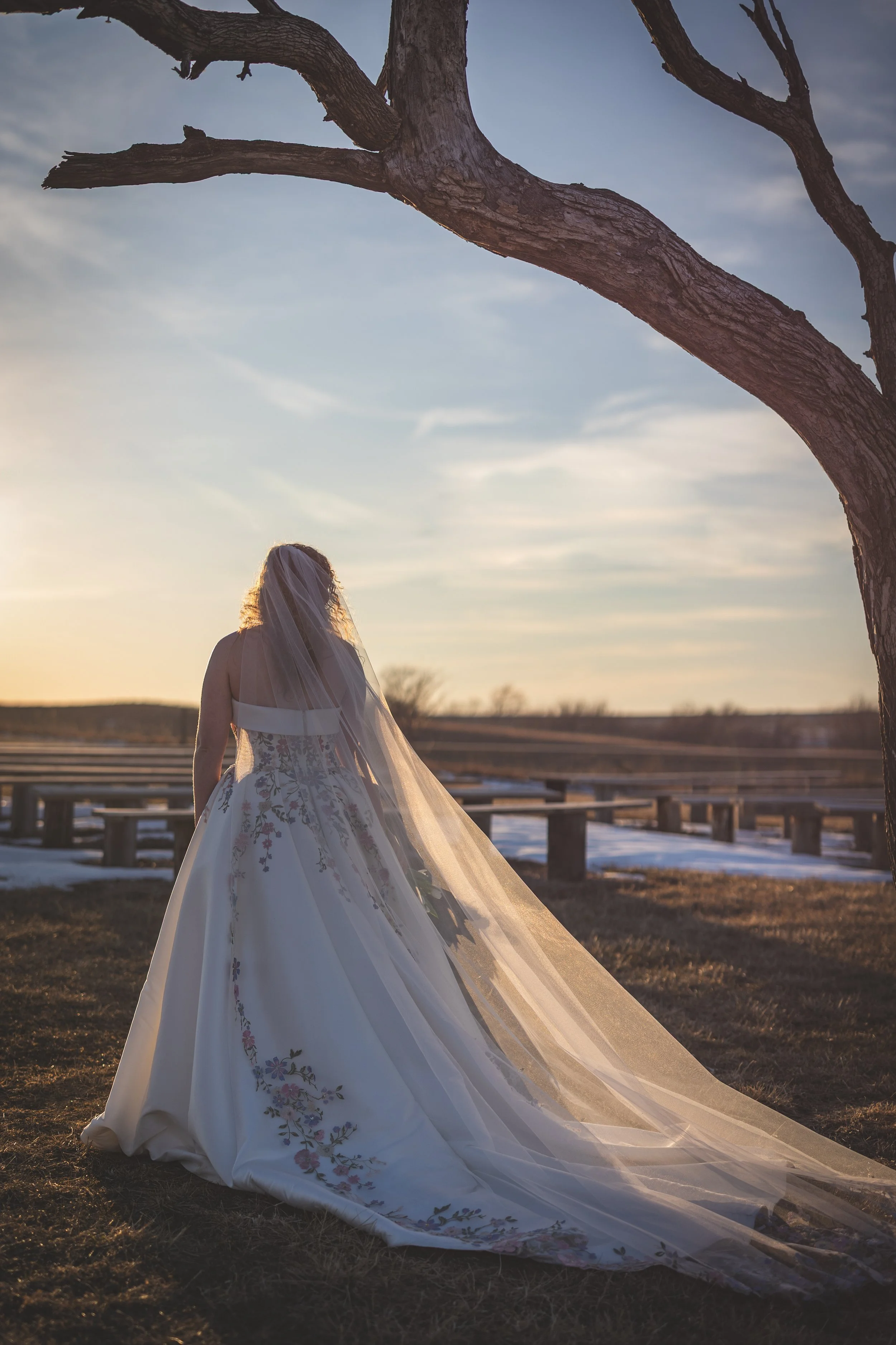 A bride in a floral embroidered white wedding gown and veil walking outdoors near a tree with a sunset sky in the background.