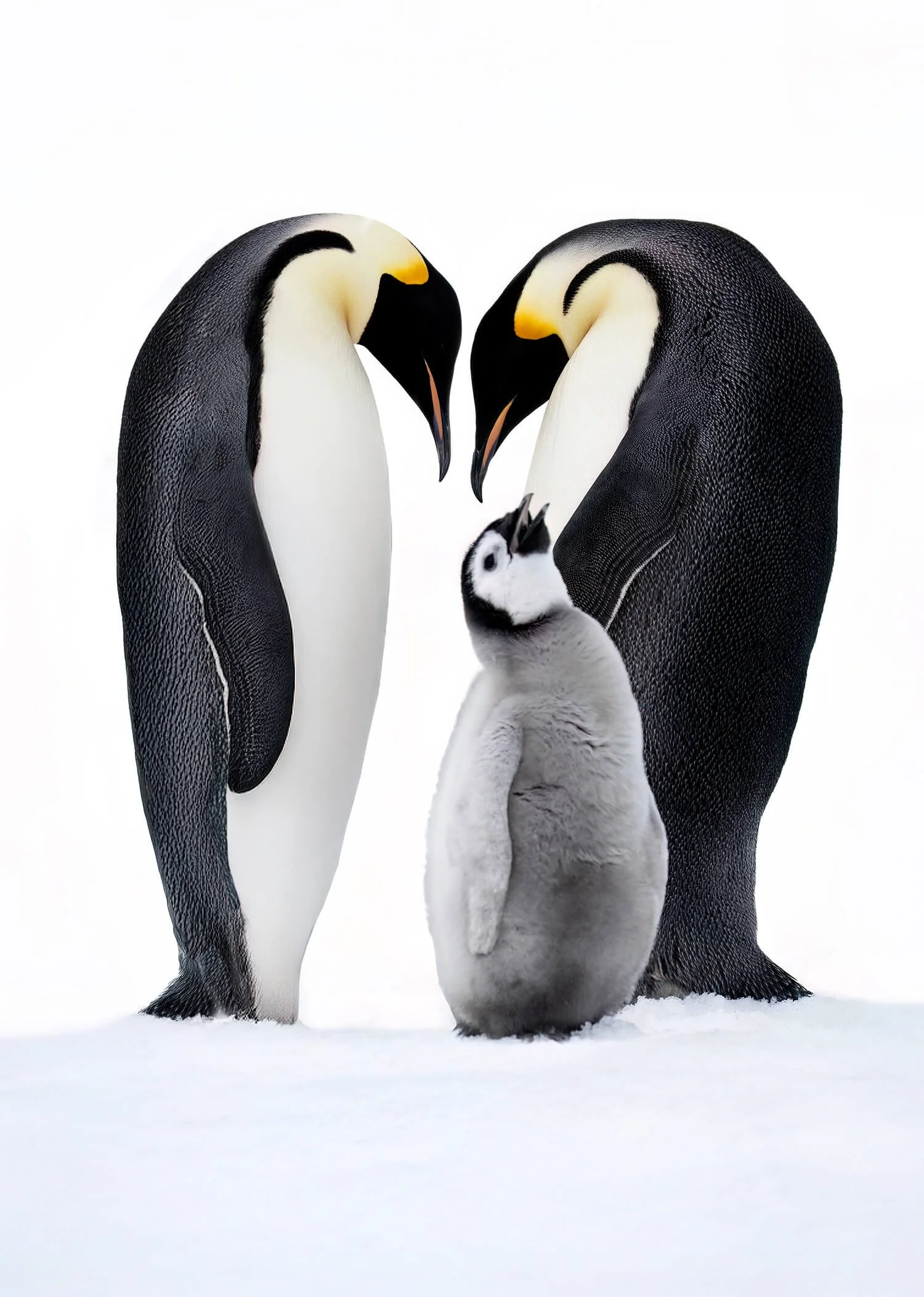 These two adult emperor penguins and their chick were photographed on Snow Island, Antartica standing on snow against a white background.