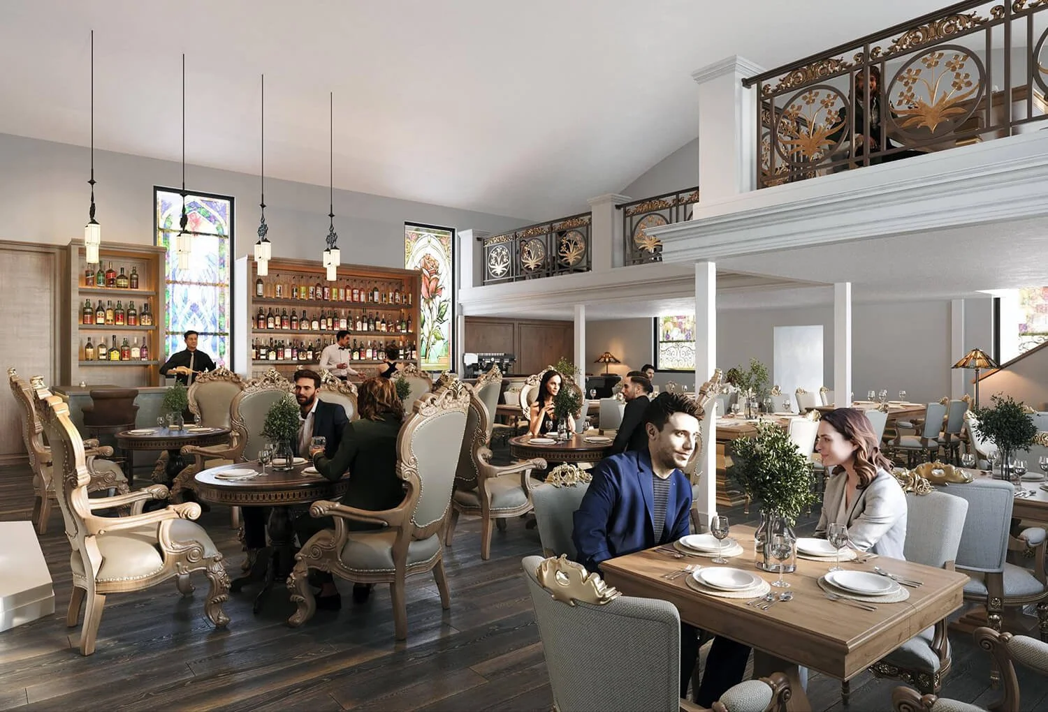 Elegant restaurant with ornate armchairs and tables, a bar with liquor bottles, stained glass windows, and people dining and enjoying drinks.