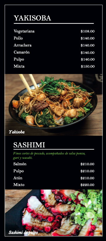 Menú con secciones para yakisoba y sashimi, incluyendo precios y una foto del plato de yakisoba y sashimi.