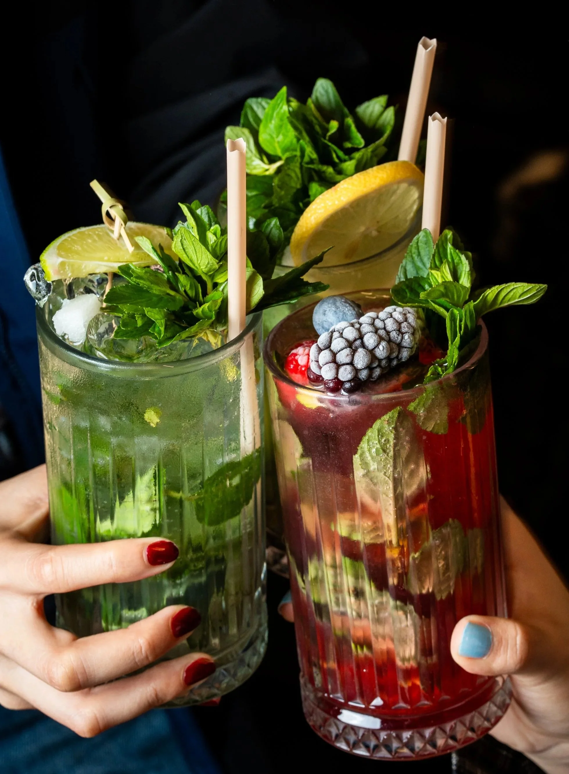 Dos vasos altos con cócteles con hielo, rodajas de limón y lima, y hojas de menta, decorados con frutas como arándanos, moras, frambuesas, y zarzamora, sostenidos por dos manos con uñas pintadas.