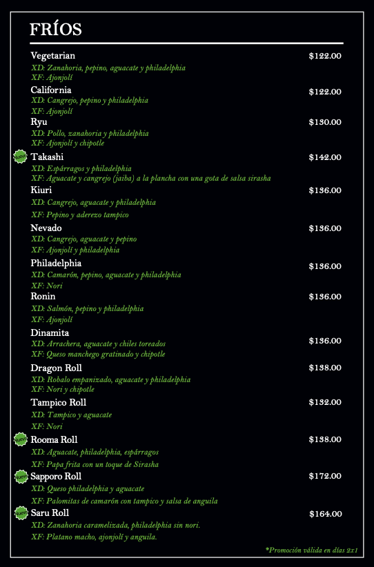 Menú de fríos con varias opciones vegetarianas y de carne, incluyendo ingredientes como zanahoria, pepino, aguacate, Philadelphia, camarón, cangrejo, pollo, salmón, arrachera, chiles y queso manchego, con precios desde $122 hasta $164.