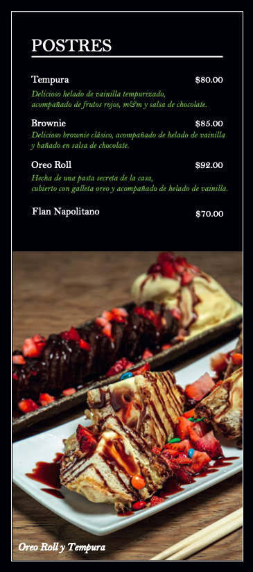 Menú de postres y una bandeja con distintas crepas de chocolate y fruta