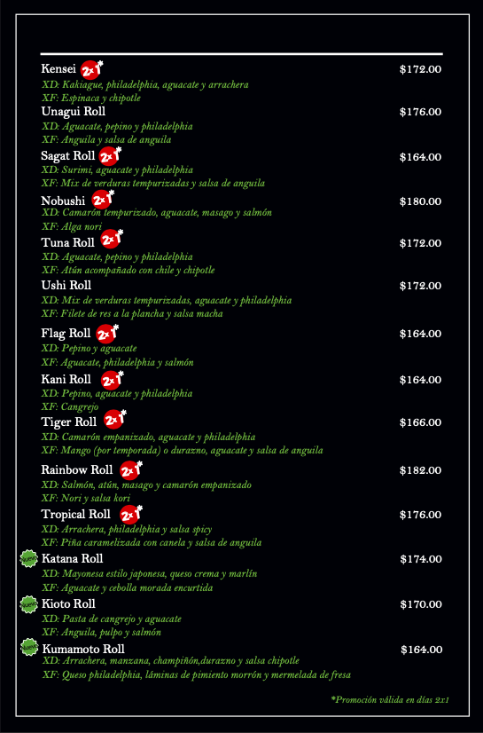 Menú de sushi con nombres, ingredientes y precios, incluyendo rolls como Kensei, Unagui, Sagat, Nobushi, Tuna, Ushi, Flag, Kani, Tiger, Rainbow, Tropical, Katana, Kioto y Kumamoto.